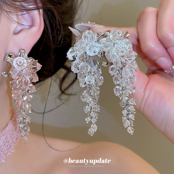 Floral Crystal Cascade Stud Earrings in Pink and Clear