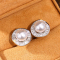 Pearl-Like Round Baguette Halo Stud Earrings In Two Tones view 3