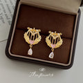 Gold Winged Lyre Drop Earrings Pink Heart Teardrop Zircon view 4