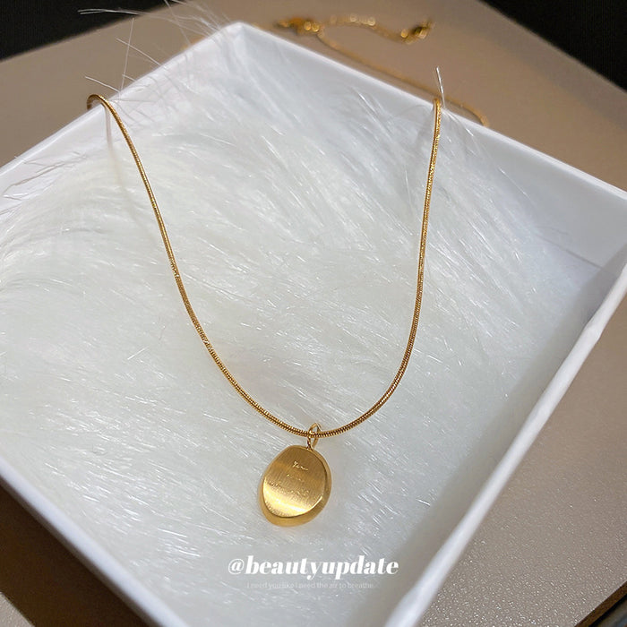 Gold Snake Chain Oval Engraved Disc Pendant Necklace Single