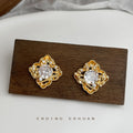 Gold Floral Clear Crystal Geometric Stud Clip Earrings view 4