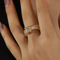 Gold Open Ribbed Ring Square Center Clear Zircon Baguettes view 3