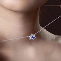 Blue Round Crystal Floral Pendant Necklace in Silver Tone view 4