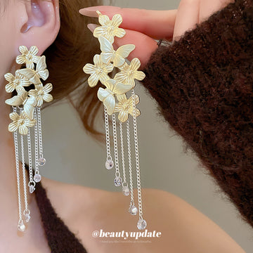 Gold Tone Floral Butterfly Chain Tassel Earrings Statement Jewelry