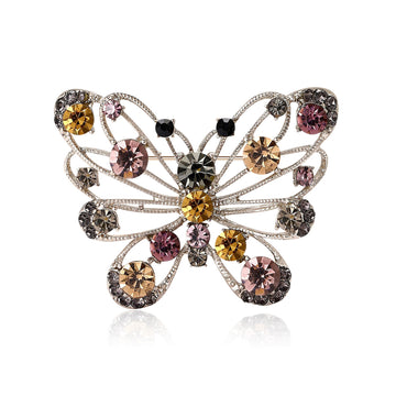 Open Wing Butterfly Brooch With Mixed Jewel Tone Crystals