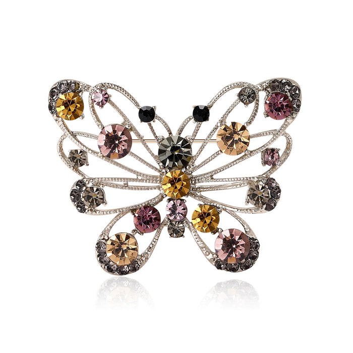 Open Wing Butterfly Brooch With Mixed Jewel Tone Crystals