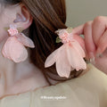 Pink Mesh Petal Flower Drop Earrings With Beaded Centers view 2