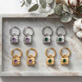 Oval Stone Lock Drop Hoop Earrings in Green and Purple view 2