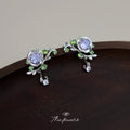 Silver Tone Purple Flower Green Leaf Earrings In Stud And Clip On Styles view 4
