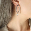 Double Bead Oval Hoop Pearl Drop Earrings Gold Steel view 7