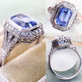 Aqua Rectangular Stone Art Deco Halo Ring In Silver Tone view 2
