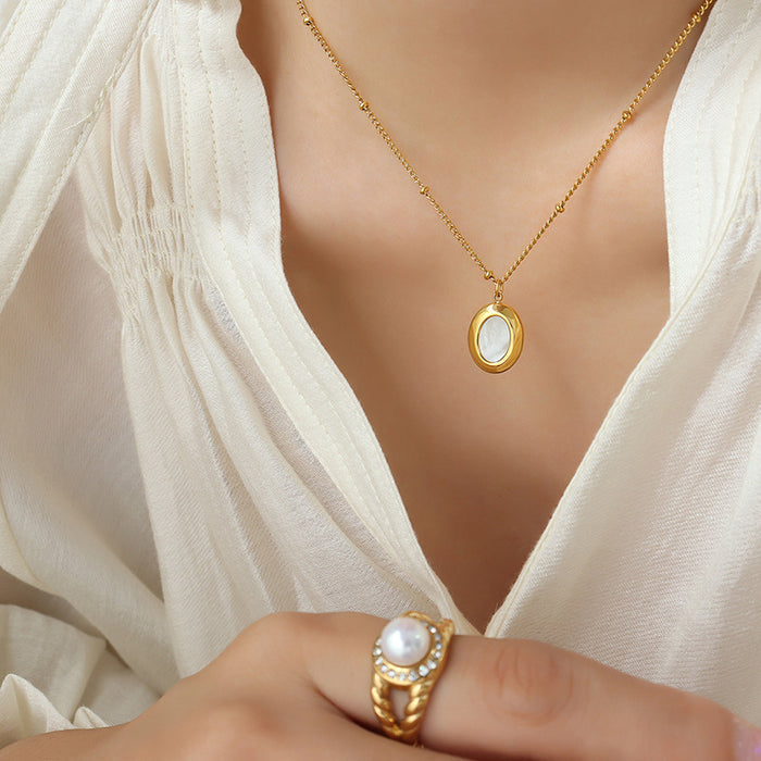 Oval Pendant Necklace Mother Of Pearl Shell Inlay Metal