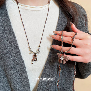 Brown Teddy Bear Pendant Necklace With Polished Metal Tone Details