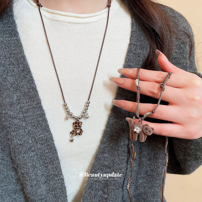 Brown Teddy Bear Pendant Necklace With Polished Metal Tone Details