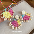 Rainbow Raffia Fan Cowrie Shell Necklace Earrings Beach Set view 4