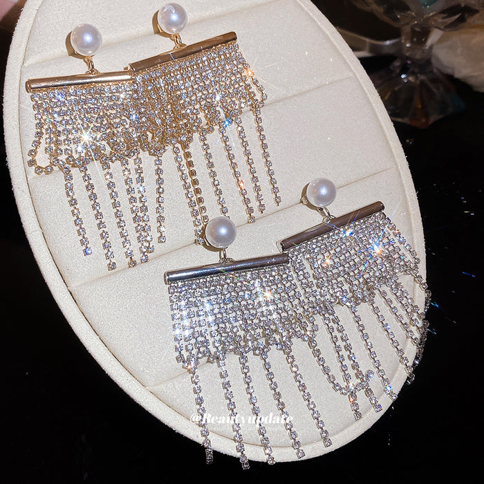 Pearl Top Crystal Fringe Bar Earrings with Polished Metal Tone Details