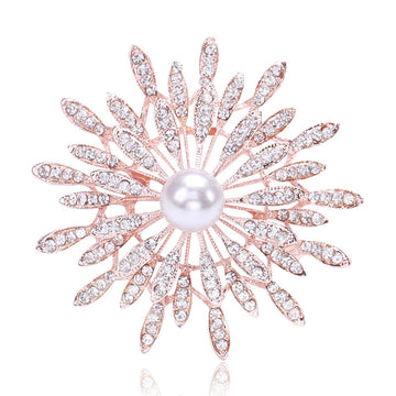 Radiating Crystal Petal Flower Brooch with Pearl Center