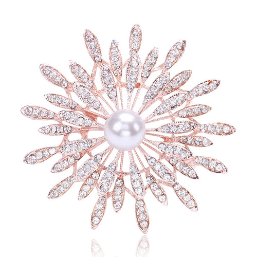 Front view of the radiating crystal petal flower brooch with pearl center brooch and its color options