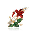 Red Crystal Lily Brooch With Green Leaves and Two Birds view 5