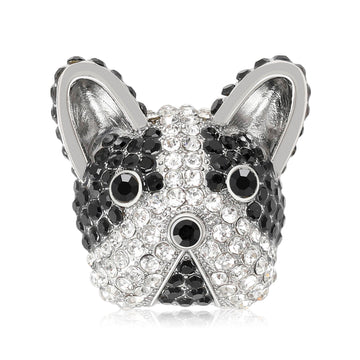 Rhinestone French Bulldog Head Brooch Black Clear Crystal Pin