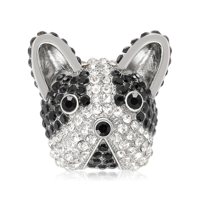 Rhinestone French Bulldog Head Brooch Black Clear Crystal Pin
