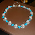 Silver Pearl Turquoise Teardrop Rhinestone Studs Bracelet Necklace view 8
