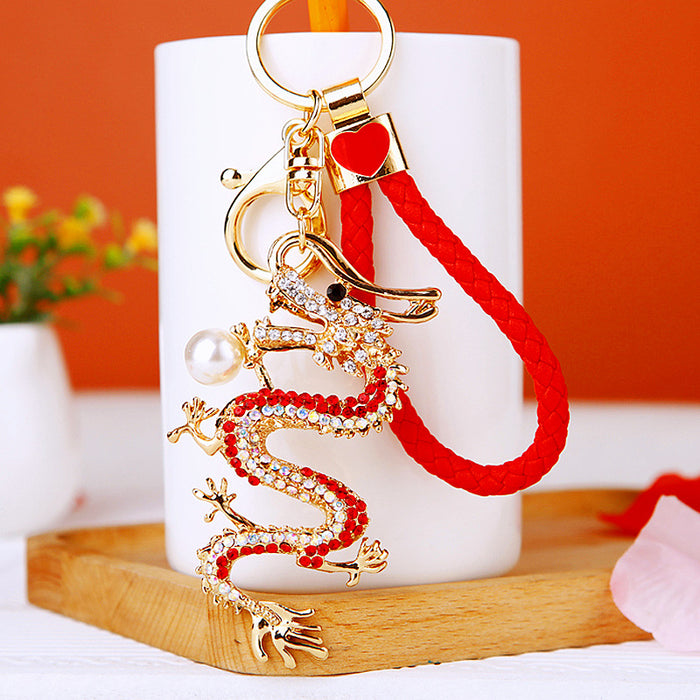 Jeweled Chinese Dragon Keychains with Plain and Braided Strap Options