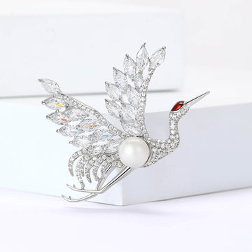 Silver Crystal Red Crowned Crane Brooch White Pearl Body