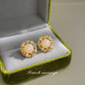 Gold-Tone Filigree Pearl Halo Cabochon Round Stud Earrings view 1