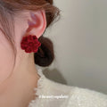 Red Fabric Flower and Bow Statement Earrings Statement Jewelry view 3