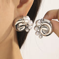 Swirl Stud Earrings With Imitation Pearl Clusters Metal view 3
