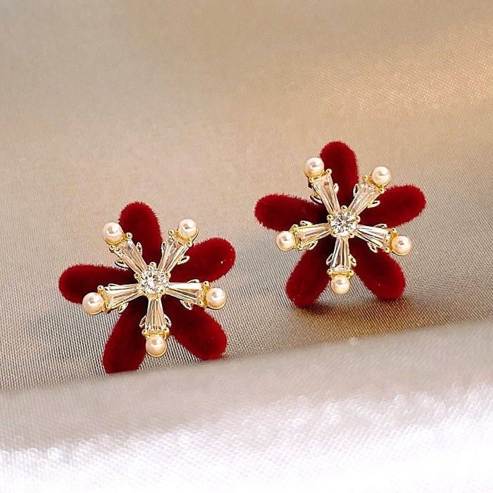 Red Velvet Petal and Crystal Flower Stud Earrings Jewelry Design
