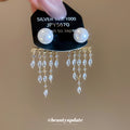Pearl Stud Earrings With Gold Tone Beaded Fringe Drops view 2