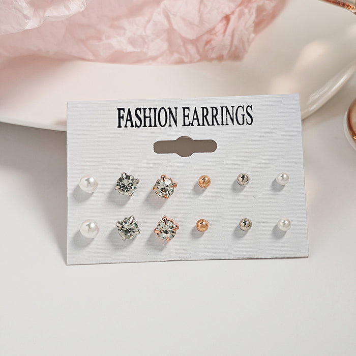 Pearl Crystal Ball Stud Earrings Six Pair Mixed Card Set