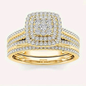 Gold Square Halo Multi-Band Ring Clear Pavé Stones