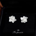Silver Matte Flower Stud Earrings Pearl Center Pair view 4