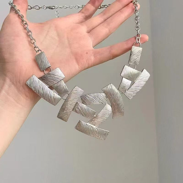 Abstract Textured Square Link Geometric Statement Necklace