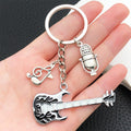 Antique Silver Guitar Microphone and Music Keychain Pair view 3