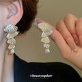 Silver Tone Layered Fan Long Drop Statement Stud Earrings view 2