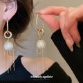 Gold Pearl and Chain Tassel Earrings with Circular Links view 1
