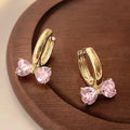 Heart Bow Crystal Huggie Hoop Earrings Gold Silver Clear Pink view 6