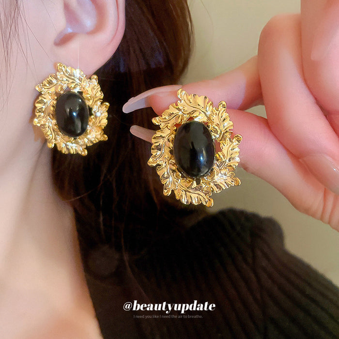 Black Oval Cabochon Vintage Style Stud Earrings Statement Jewelry