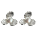 Silver Tone Ridged Three Petal Flower And White Pearl Stud Earrings view 5