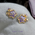 Gold Tone Purple Star Clear Stone And Small Star Stud Earrings view 4