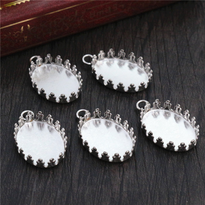 Stainless Steel Oval Cabochon Pendant Trays with Scalloped Edges