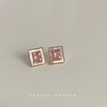 Pink CZ Rectangle Shell Stud Earrings Gold-Tone Frame view 1