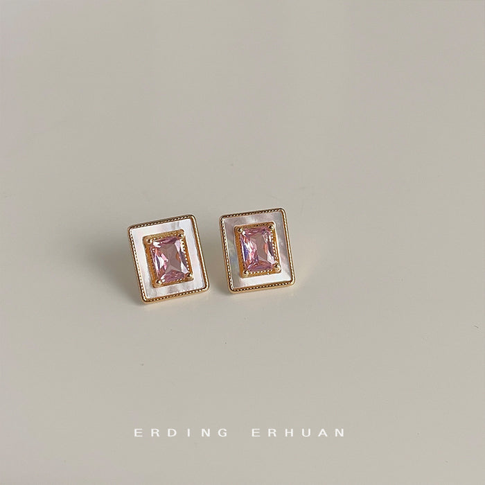 Pink CZ Rectangle Shell Stud Earrings Gold-Tone Frame