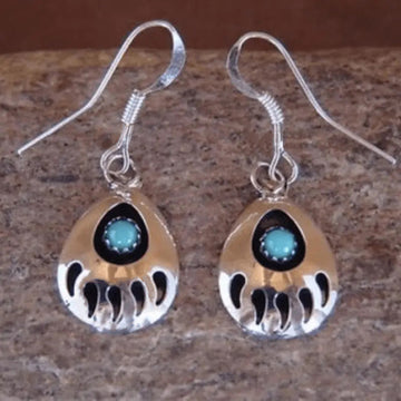 Antique Silver Bear Paw Dangle Earrings Turquoise Center Stone