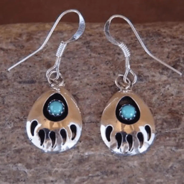 Antique Silver Bear Paw Dangle Earrings Turquoise Center Stone