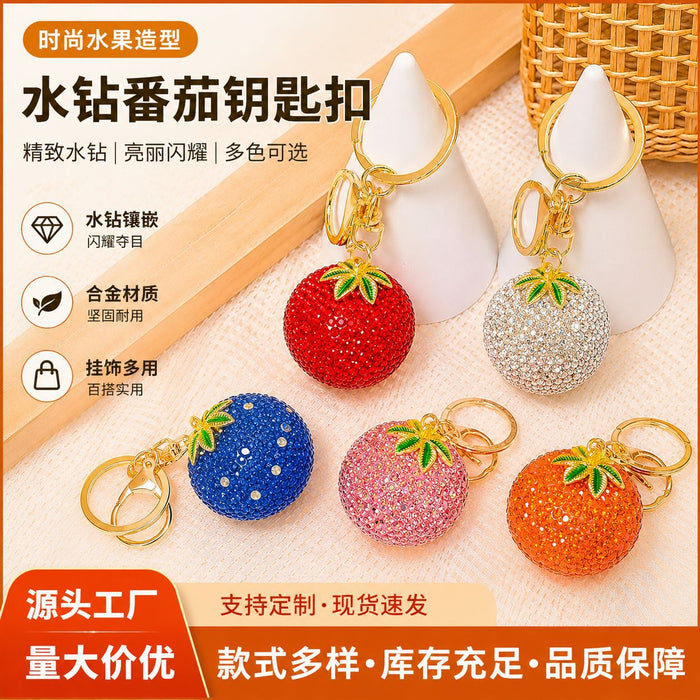 Rhinestone Tomato Fruit Keychain Green Leaf Charm Strap Options